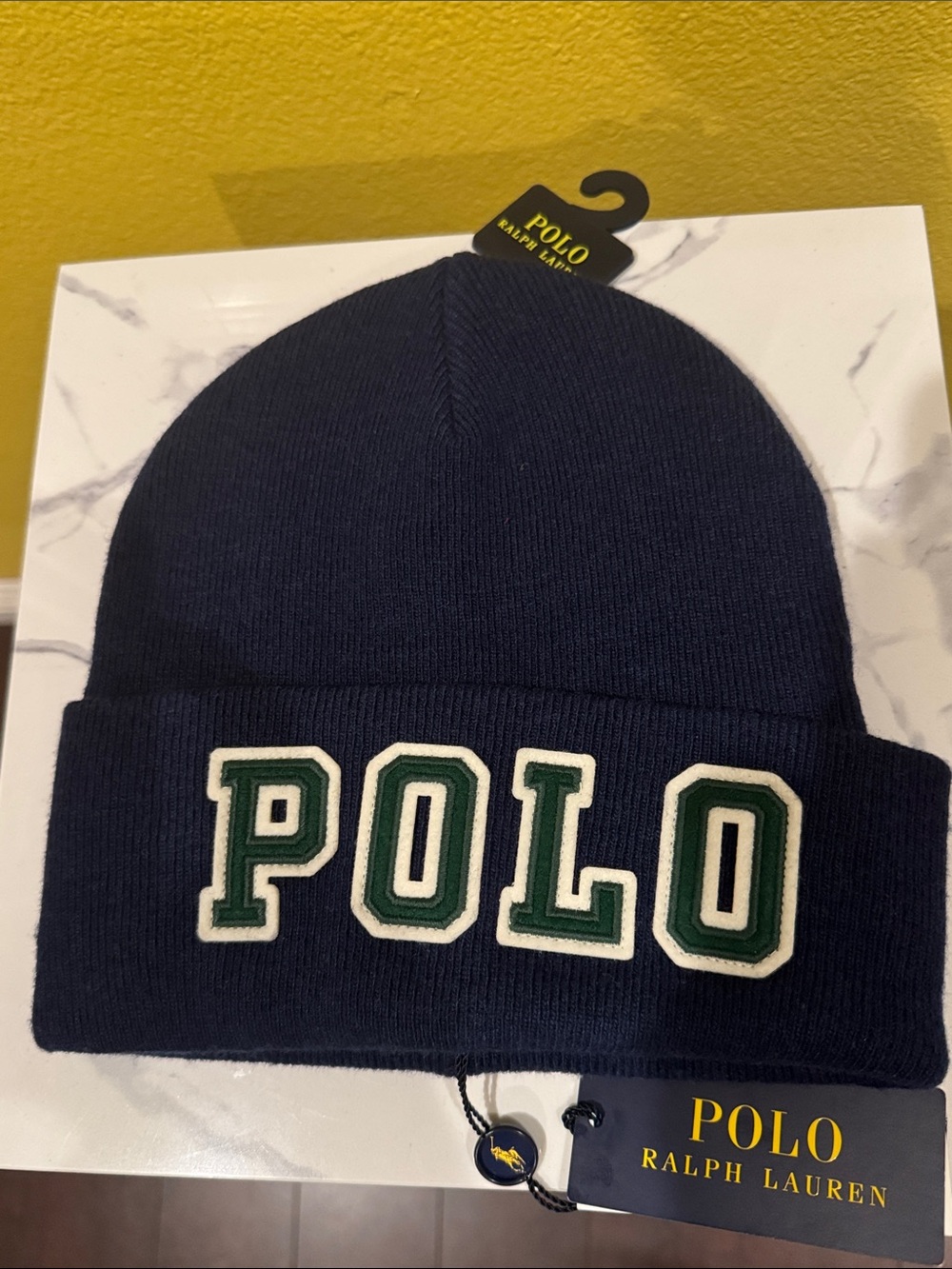 Polo Ralph Lauren Navy Wool Blend Beanie with Green & White POLO Letters OS, NWT